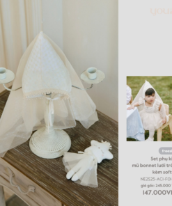 Set phụ kiện mũ bonnet lưới trắng kèm softtoy