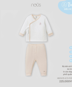 Bộ dài cài lệch áo trắng in cáo đạp xe phối quần be