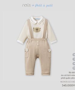 Bộ dài tay áo cài lệch màu be phối quần yếm nâu