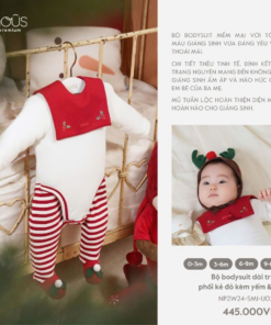 Bộ bodysuit dài trắng phối kẻ đỏ kèm yếm & mũ