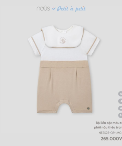 Bộ liền cộc màu trắng phối nâu thêu trang trí