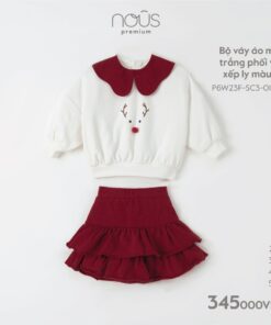 Bộ váy áo màu trắng phối váy xếp ly màu đỏ