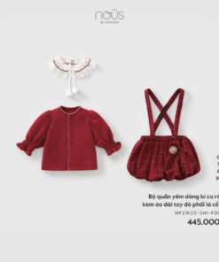 Bộ quần yếm dáng bí ca rô đỏ kèm áo dài tay đỏ phối lá cổ ren