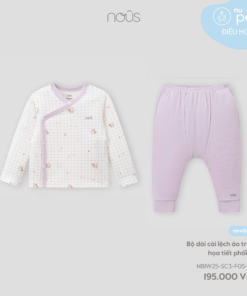 Bộ dài cài lệch áo trắng họa tiết phối tím