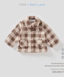Áo Khoác Lông Có Cổ Dài Tay Kẻ Nâu Thêu Trang Trí