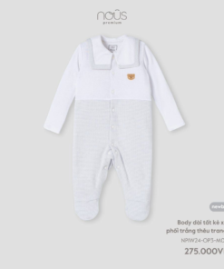 Bộ liền dài có tất kẻ xanh phối trắng thêu trang trí