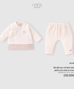 Bộ Dài Tay Cài Lệch Màu Be Phối Caro Nâu