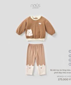 Bộ Dài Tay Áo Lông Màu Nâu Phối Đáp Thêu Trang Trí