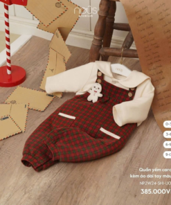 Quần yếm CARO đỏ kèm áo dài tay màu be (Sao chép)