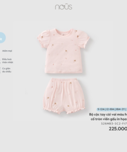 Bộ cộc tay cài vai màu hồng cổ tròn viền gấu in họa tiết