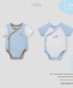 Set 2 bodysuit cài lệch cộc tay màu xanh phối trắng
