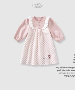 Váy dài caro hồng trắng phối bèo thêu trang