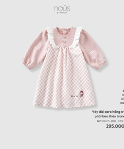 Váy dài caro hồng trắng phối bèo thêu trang