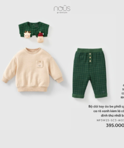 Bộ dài tay áo be phối quần ca rô xanh kèm lá cổ rời đính thú nhồi bông