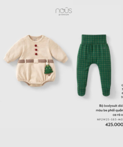 Bộ bodysuit dài tay màu be phối quần tất ca rô xanh